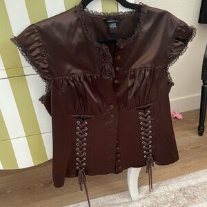 Moda International Chocolate Lace-Up Blouse
